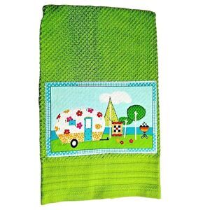 Retro Flower Power Camper Green Kitchen Towel Applique Trailer Cotton 16 x 28-in